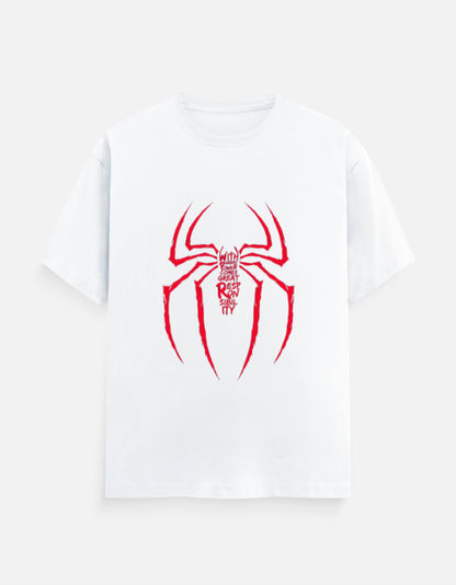 Spiderman front print with famous quote with great power comes great responsibility.