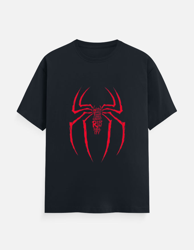 Spiderman front print with famous quote with great power comes great responsibility.