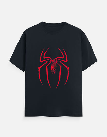Spiderman front print with famous quote with great power comes great responsibility.