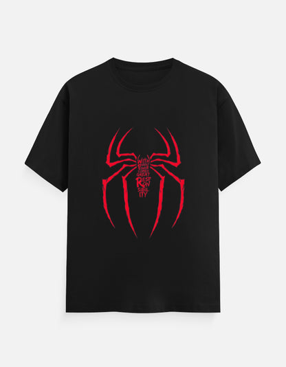 Spiderman front print with famous quote with great power comes great responsibility.